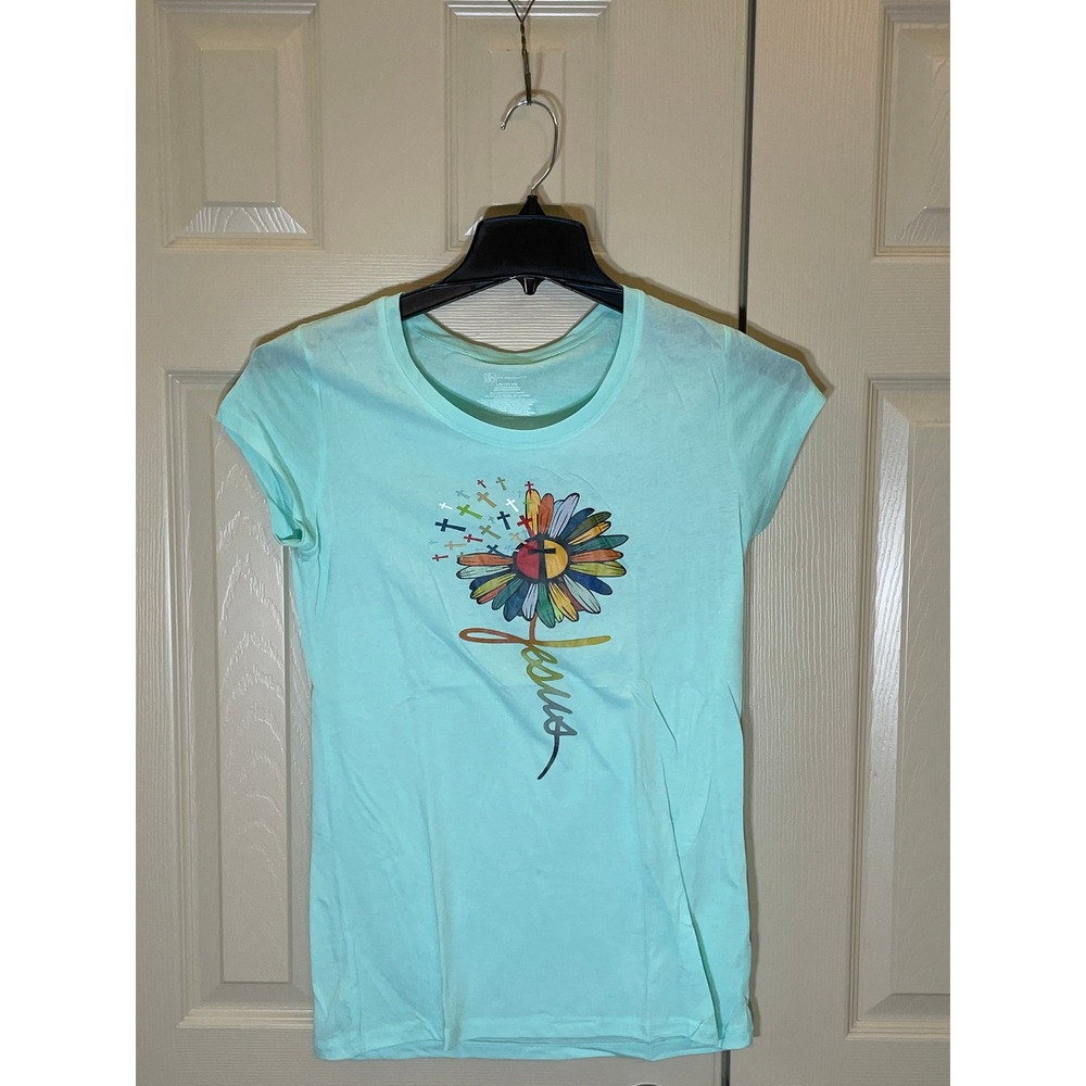 No Boundaries Graphic Tee Kids‎ Size L 11-13 Aqua NWOT Jesus Daisy Cross Shirt